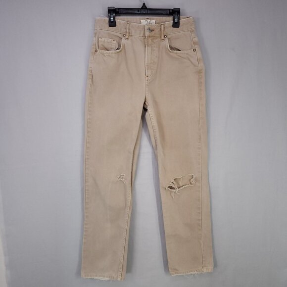 Free People The Dakota Straight Jeans Womens Size 26 Distressed High Rise Beige - Picture 2 of 14